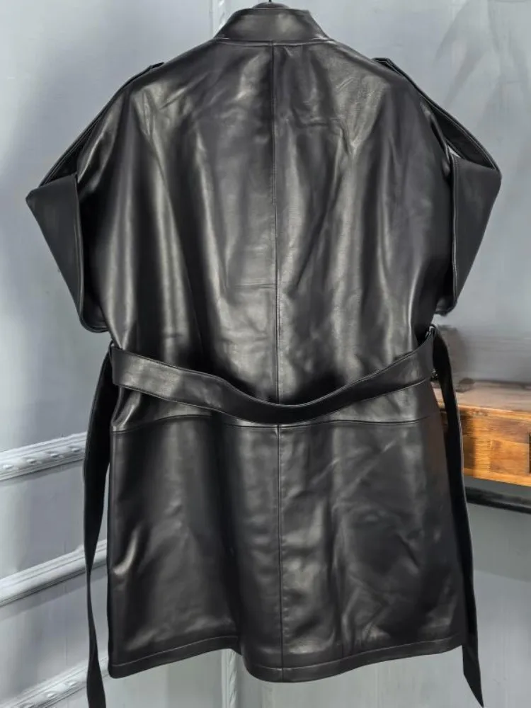 Office Female Genuine Leather Suit Collar Solid Color Jacket Loose Sheepskin Short Sleeves Zipper Sashes Pocket Outerwear