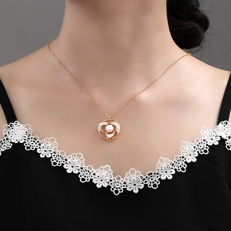 Imitation Pearl Flower Open Ring Stud Earrings Pendant Necklace for Women Jewelry Set Hollow Out Enamel Oil Trendy Accessories