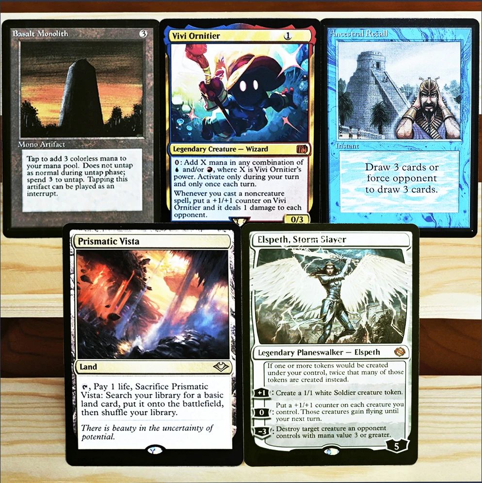 Cartes de collection de jeux TCG rares et exclusives : Gather-Vivi Ornitier/Prismatic Vista/Ancestral Recall/Basalt Monolith/Elspeeth, Storm