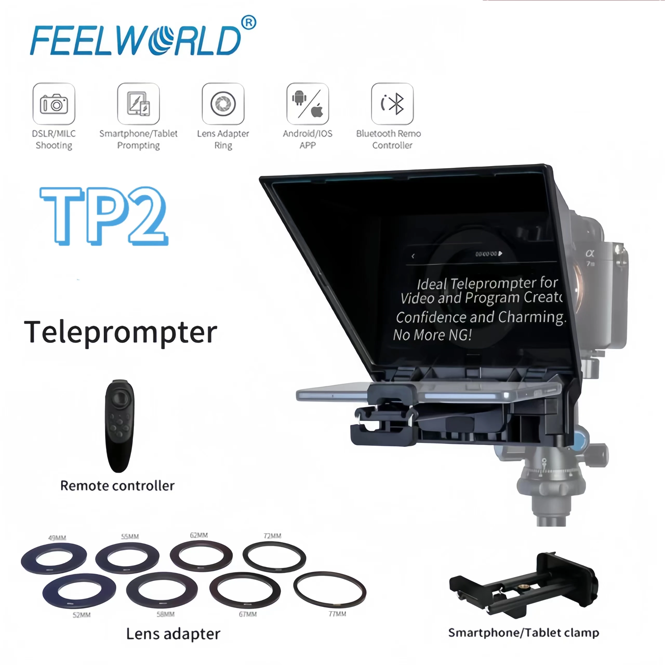 FEELWORLD TP2 Portable Teleprompter DSLR Camera with Remote Control Phone Recording Mini Inscriber Mobile Teleprompter