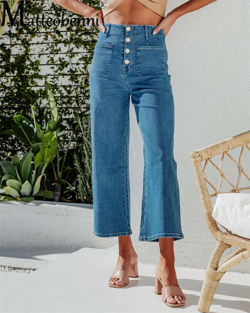 

Vintage High Waist Single-breasted Splice Wide Leg Jeans Ladies Comfortable Casual Denim Pants New Women's Nine-quarter Trousers