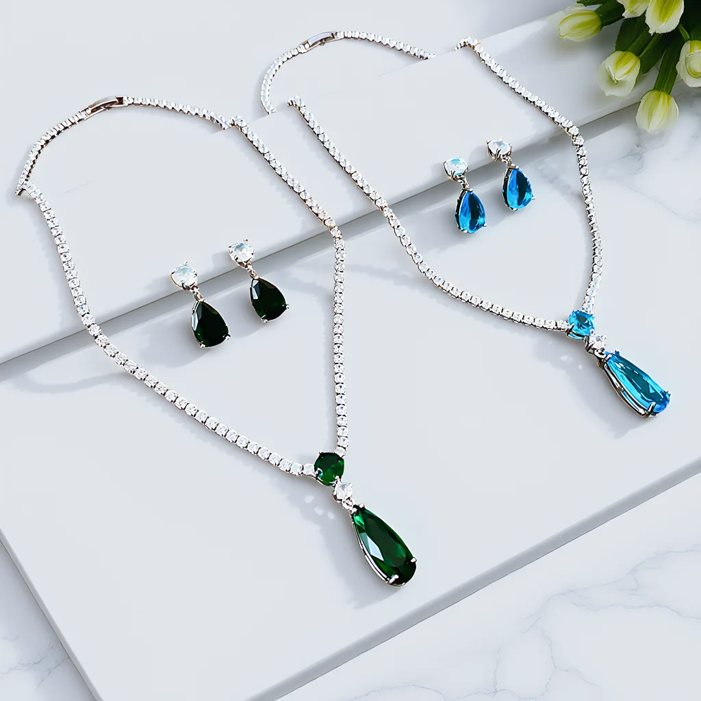 

3pcs Elegant Vintage Jewelry Set for Women Blue Water Drop Necklace Shiny Crystal Choker Bridal Wedding Earrings Party