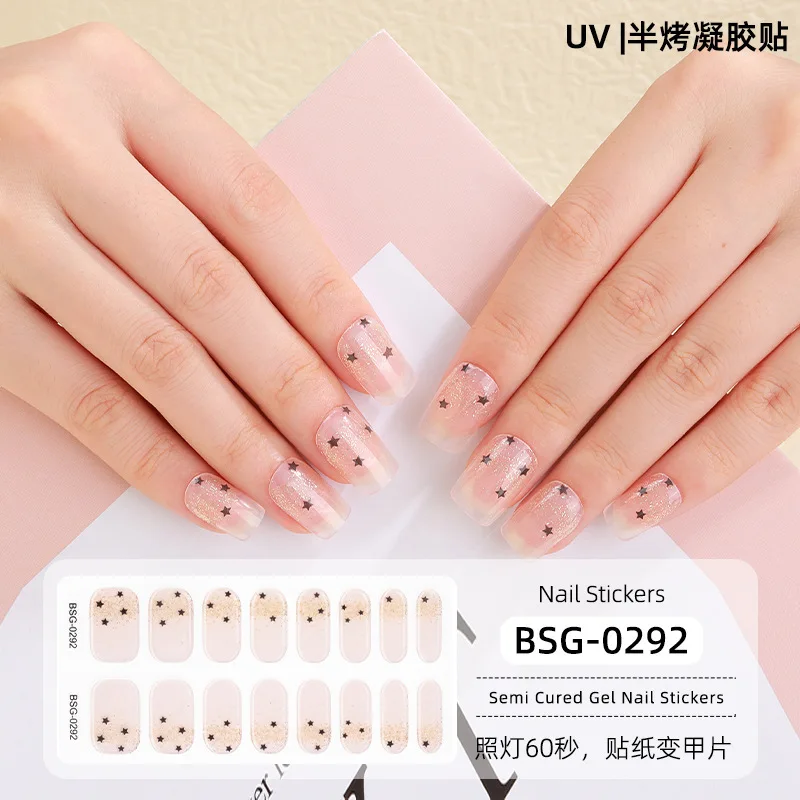 16 Tips  UV Semi-cured Nail Stickers 3D Golden Phototherapy Gel Nail Strips Patch Sliders Adhesive  Nail Decals