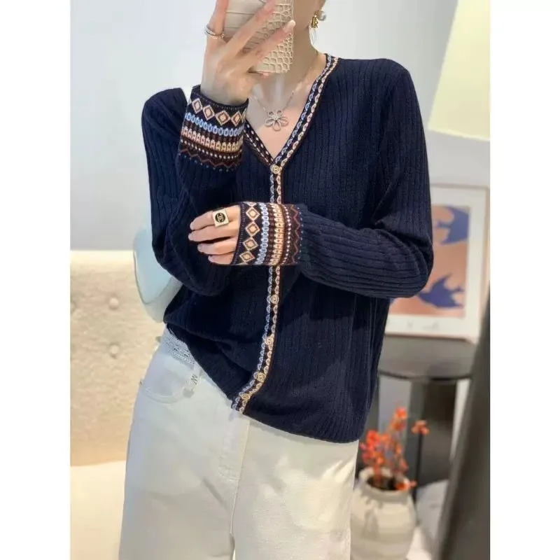 Early Autumn New Worsted Knitted V-neck Retro Ethnic Style Jacquard Cardigan High-end Color Matching Temperament Thin Jacket