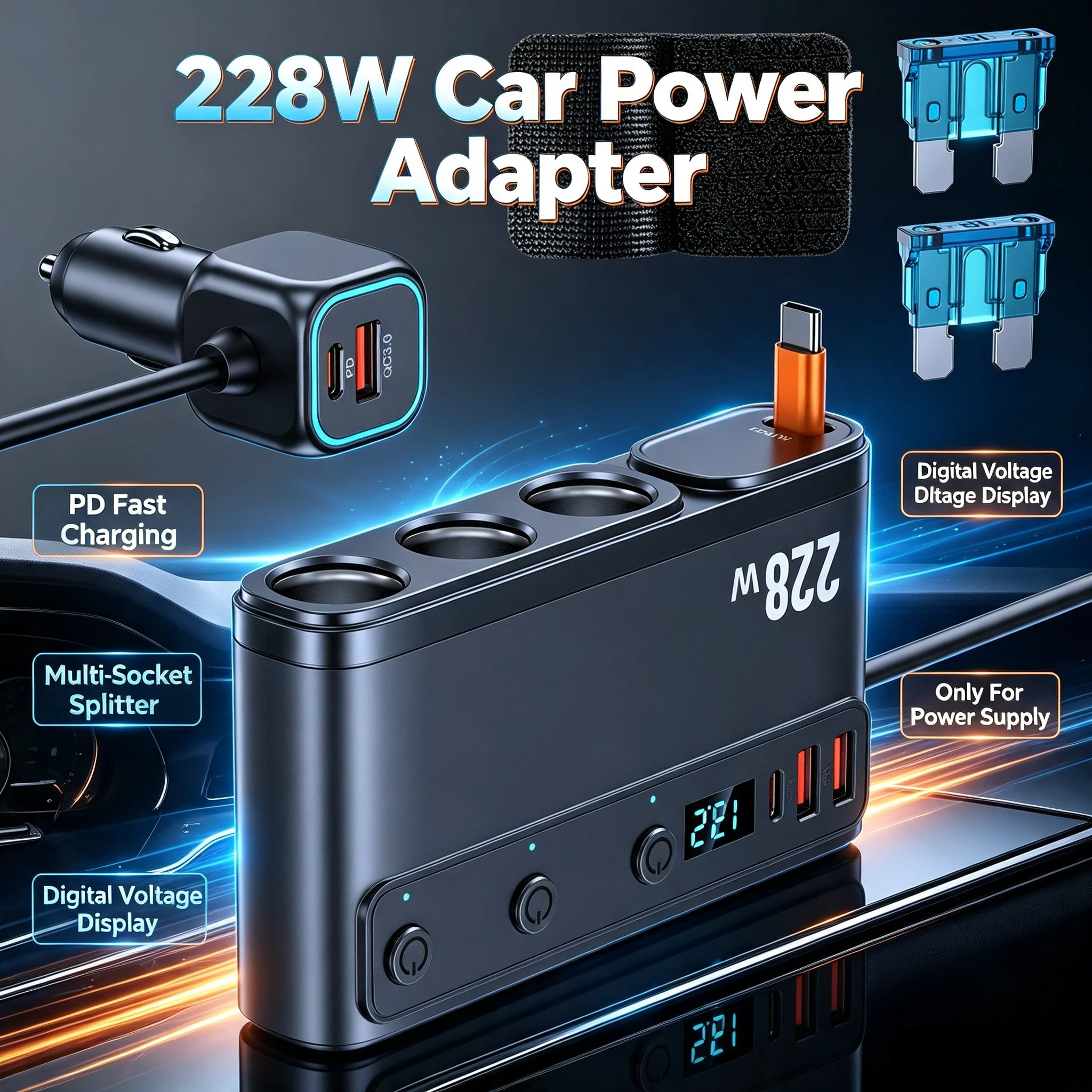 228W 9 IN 1 Car Power Splitter PD QC3.0 Fast Car Charger Digital Voltmeter Independent Switches 3 Car Power Socket 12V/24V, Only