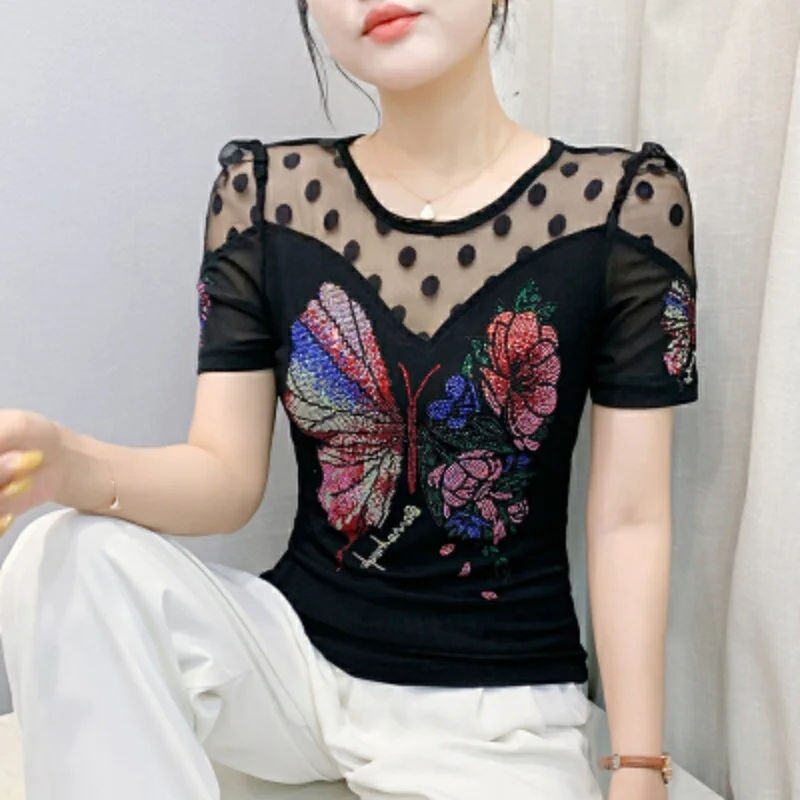 

Chic Fashion Shiny Butterfly Flower Diamonds Tops For Women's High Quality O-Collar Lace Patchwork Short Sleeve Slim Female Tees