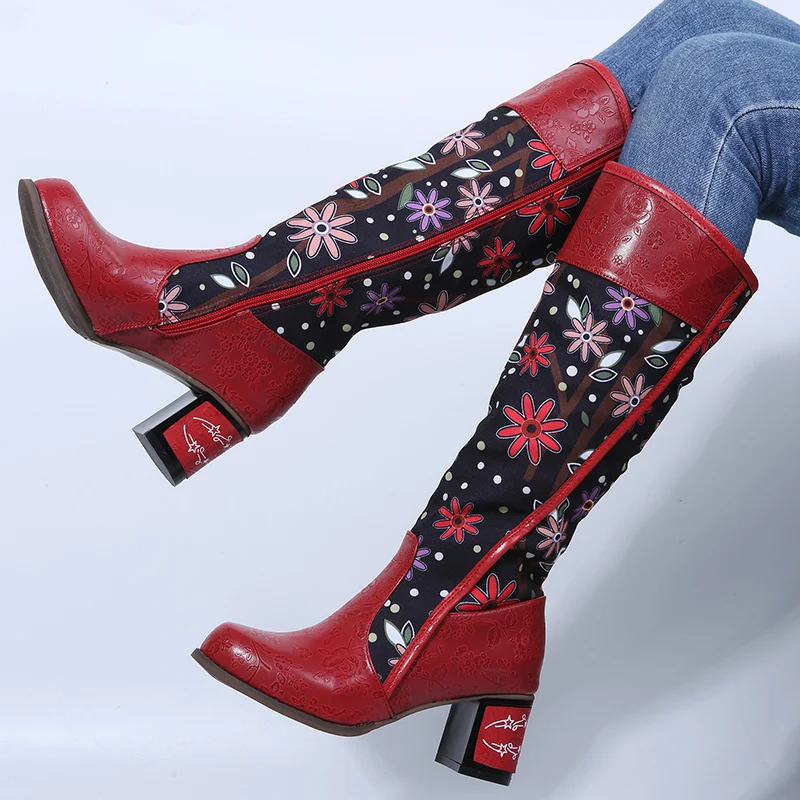 Casual vintage floral ethnic style women\'s boots adjustable knee-high boots