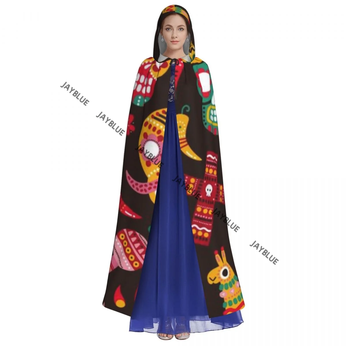 Adult Cloak Cape Hooded Day Of Dead Skulls Guitar And Llama Mexican Dia De Los Medieval Wicca Vampire Elf Purim Carnival Party