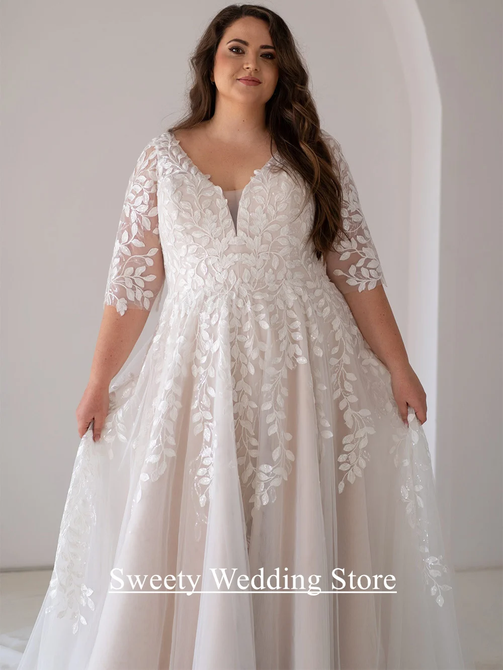 بالإضافة إلى حجم فستان زفاف العروس Vestido De Noiva مخصص نصف الأكمام الخامس الرقبة الدانتيل لينة تول ألف خط مشد فستان زفاف