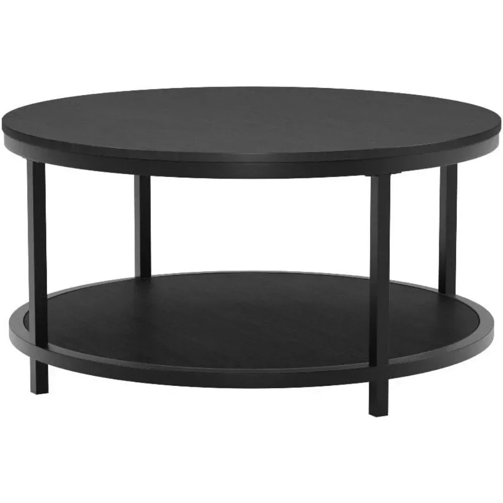 Mesa de centro redonda industrial rústica de 35,8" con estante de almacenamiento y patas de metal resistentes, fácil montaje