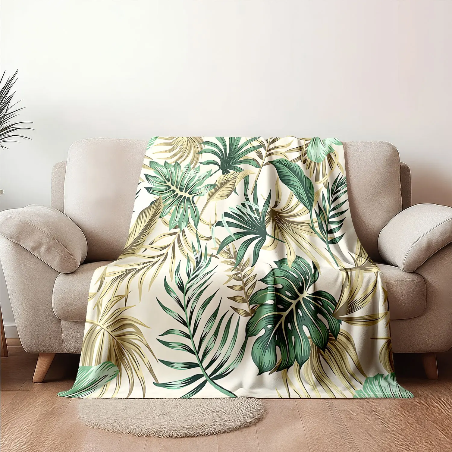 Botanical Throw Blanket Green Tropical Palm Monstera Leaf Print Soft Flannel for Living Room Couch Jungle Theme Decor Gift