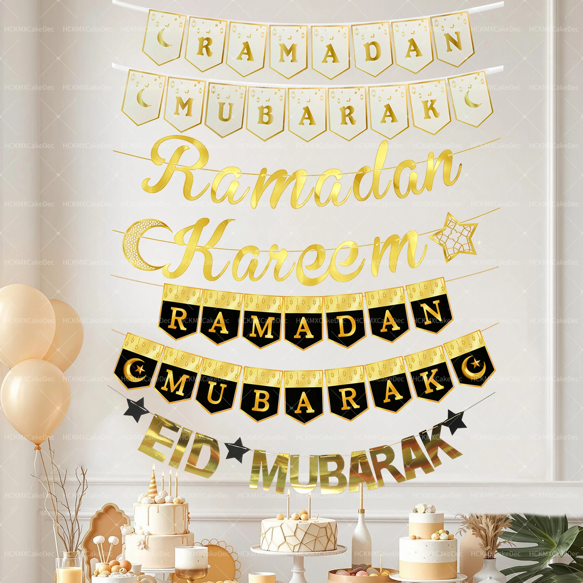 2sets Eid Mubarak Paper Banner Garland 2026 Ramadan Moon Star Hanging flag Home Ornaments Party Decoration