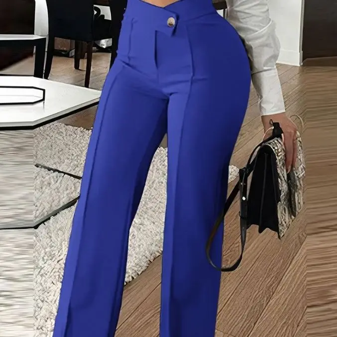 الخريف والشتاء السراويل النساء 2025 موضة تنوعا عادية مثير بأزرار مستقيم واسعة الساق العمل بنطلون ملابس الشارع الشهير