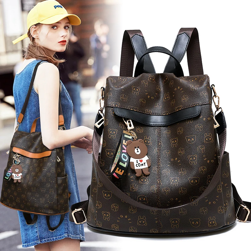 Cartoon trend bear print women backpack, texture anti-theft all-in-one travel backpack, playful bear hanging ornaments