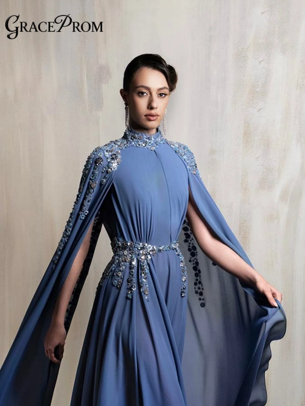 

Opulent Dusty Blue Chiffon Evening Dress 2026 Beaded Crystal Belt Carpet Gown Elegant A Line Floor Length Party Gown فساتين سهرة
