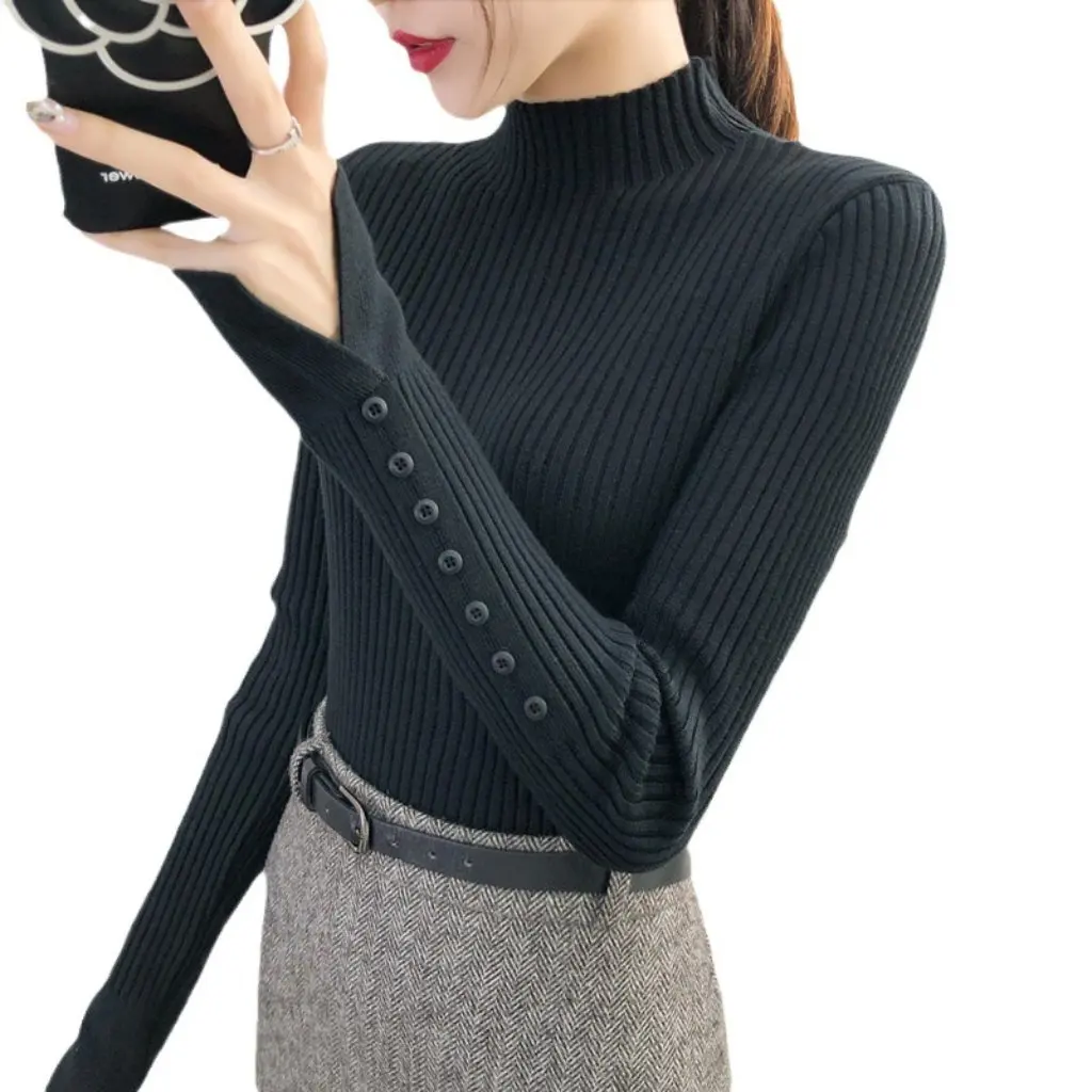 여성 슬림핏 하프 터틀넥 니트웨어 긴팔 풀오버 탑 가을 겨울 아우터웨어 이너웨어