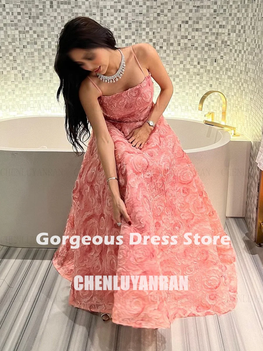 Roze 3D-bloem formele gelegenheidsjurken 2025, strapless tule, sexy feestjurk, vetersluiting, a-lijn, lange avondjurken, wwwة