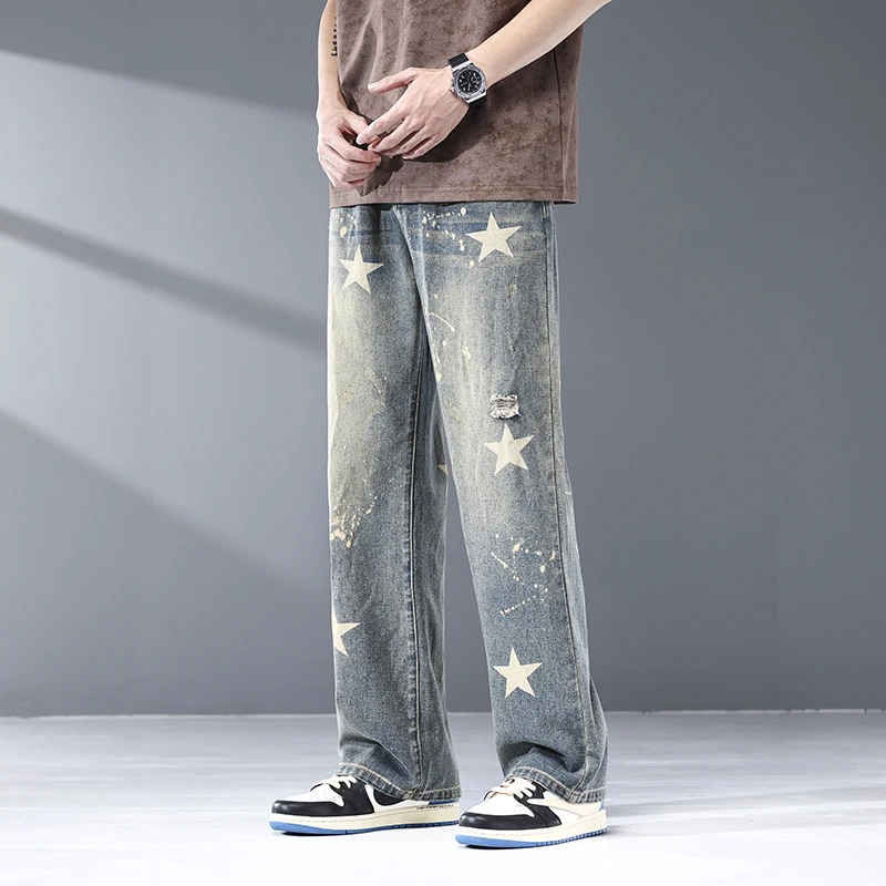 New Straight Leg Jeans For Men Fashionable Print Trendy Fit Nostalgic Wash Simple And Casual Hip-Hop Fashion Brand Elastic Denim