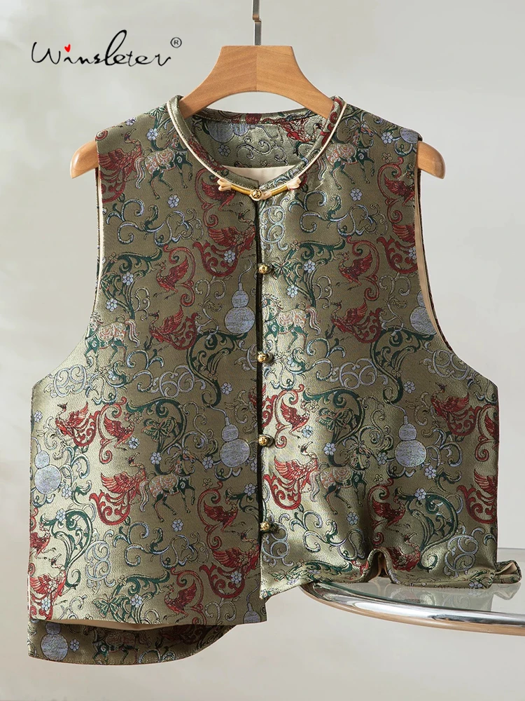 

Winsleter-100%Real Silk Tang Brocade Elegant Vest Coat, O Neck Geometry, Women New Chinese Style Waistcoat, 2026 Spring C61303CC