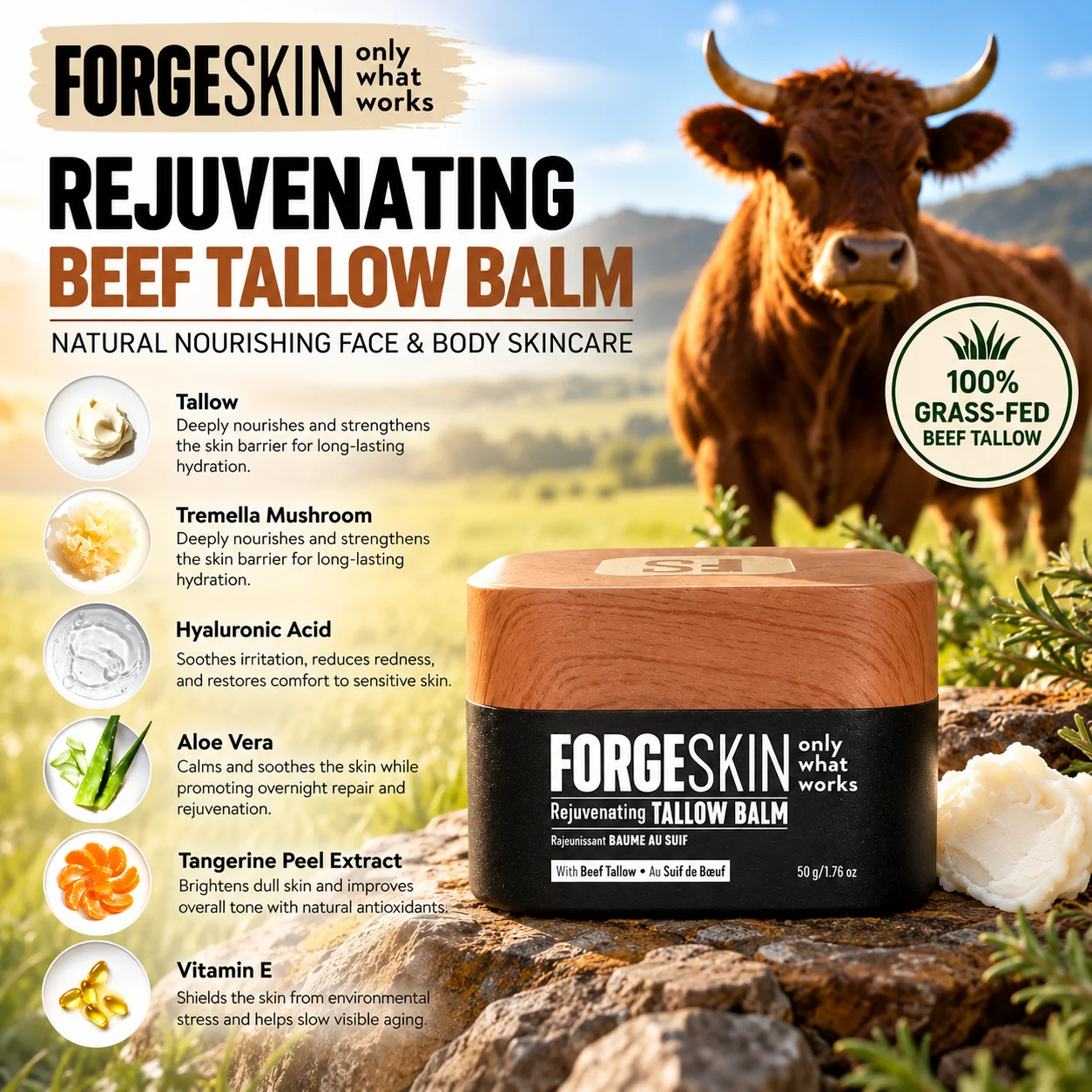 50g Forge Skin Rejuvenating Beef Tallow Balm For Men 100% Grass-Fed Lotion Hydration Cream Skin Moisturizer Face & Body Skincare