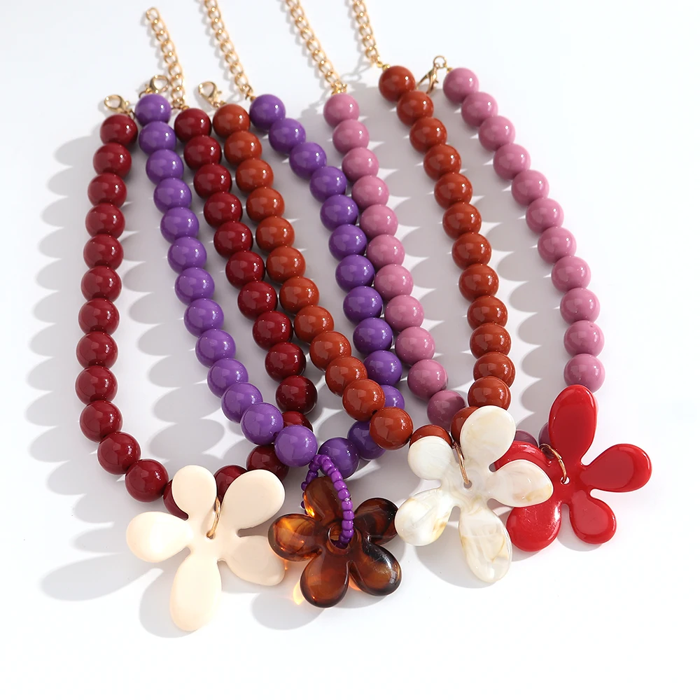 Fashion Acrylic Round Beads Large Flower Pendant Necklace New Colorful Geometric Ball Beaded Choker Necklace Women Jewelry Gifts