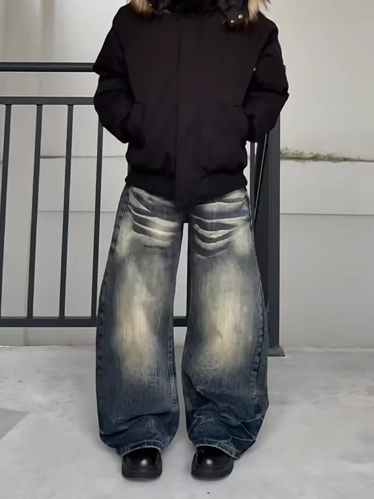 

Женские джинсы большого размера в американском ретро-стиле, желтые, с эффектом потертости, осенне-зимние, свободные, струящиеся, с широкими штанинами, повседневные, длинные брюки