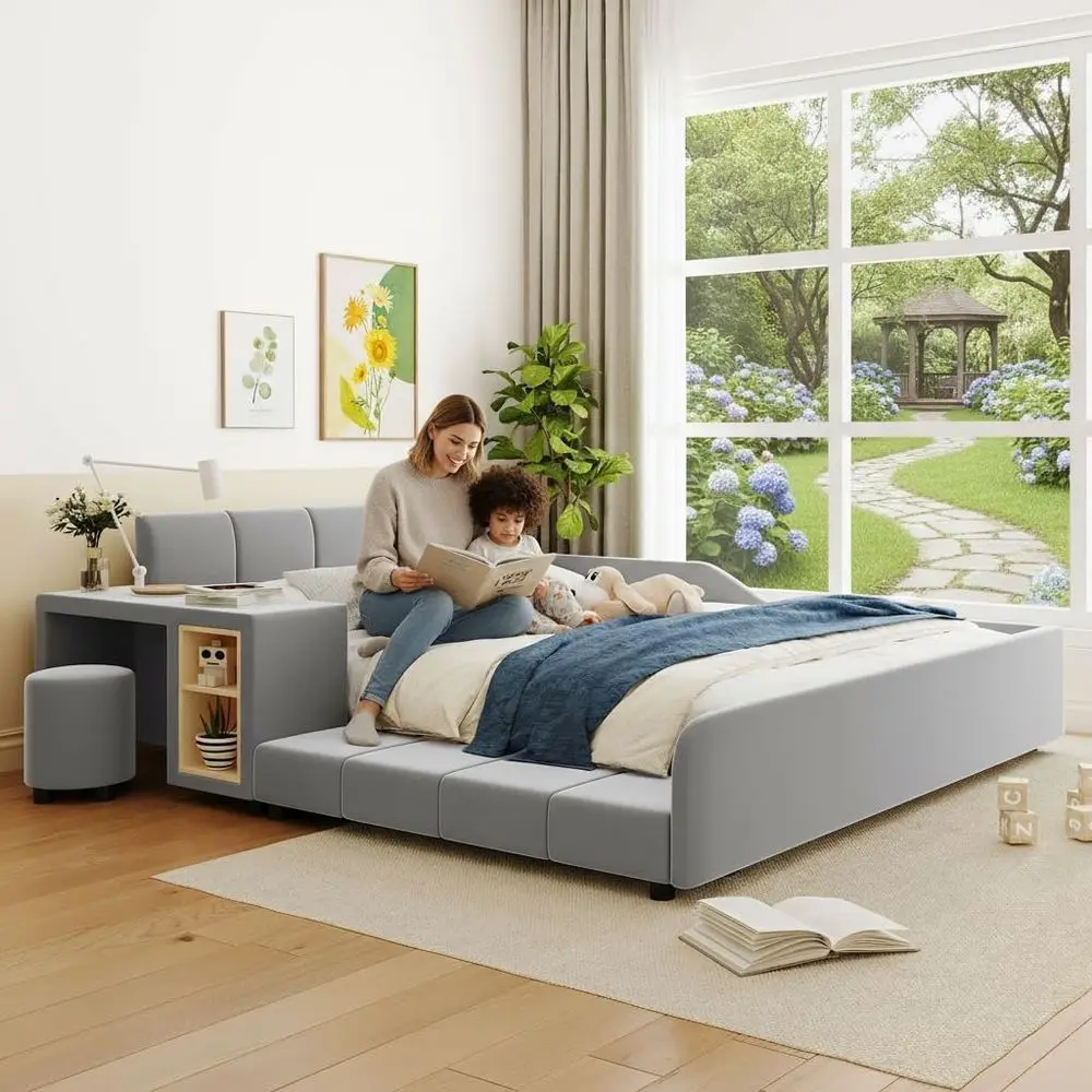 

Серая кровать размера Queen с мягким изголовьем, столом, круглым табуретом, обеспечивающая комфортный сон и с прочной ламельной подставкой