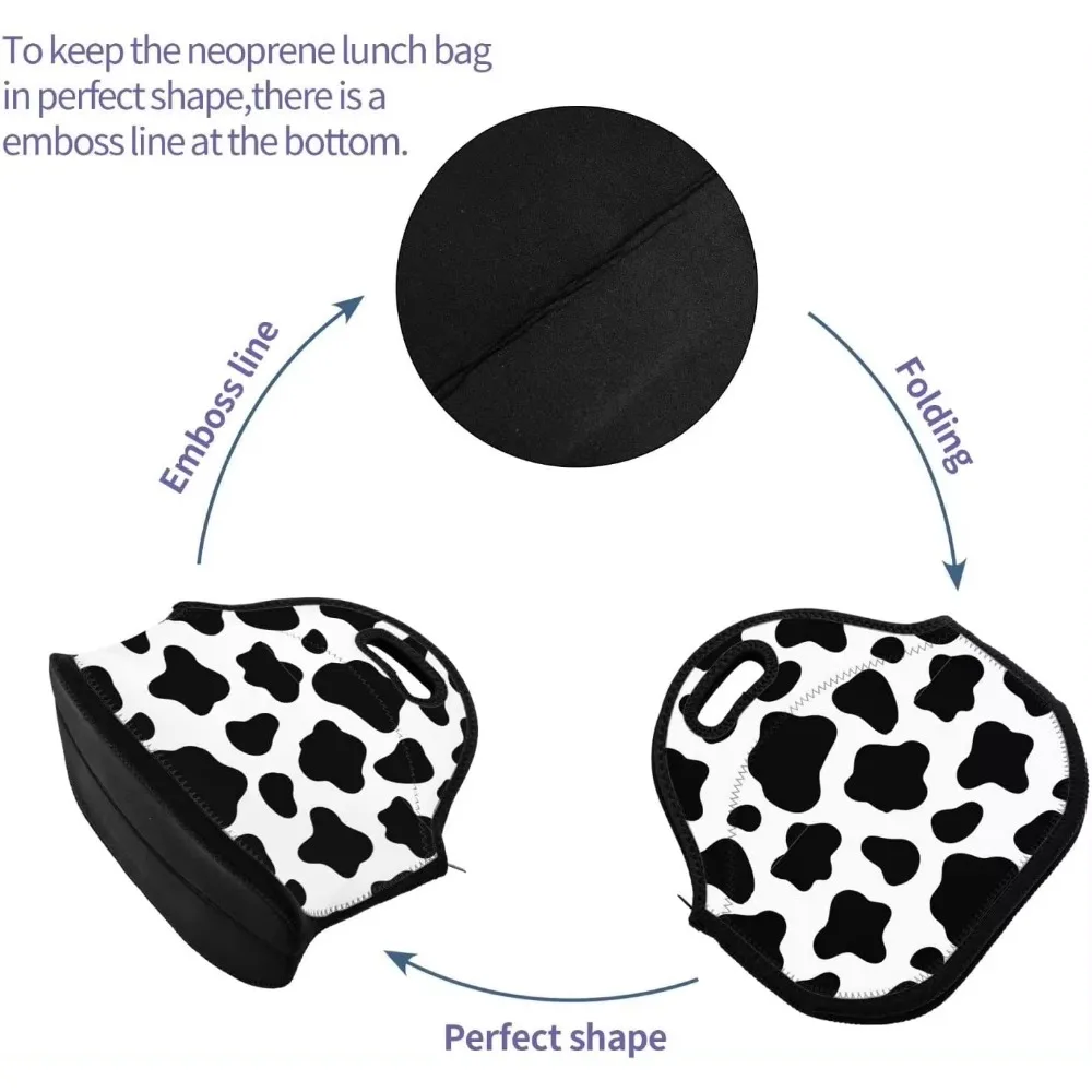 Neoprene Lunch Bags Black And White Cow Print Reusable Insulated Lunch Tote Bags for Men & Women Work Picnic or Travel