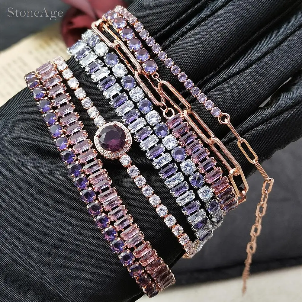 Adjustable Folding Buckle Trendy Purple Zirconia Crystal Tennis Bracelets for Women Dainty Hand Chain Gifts for Female Jewelry