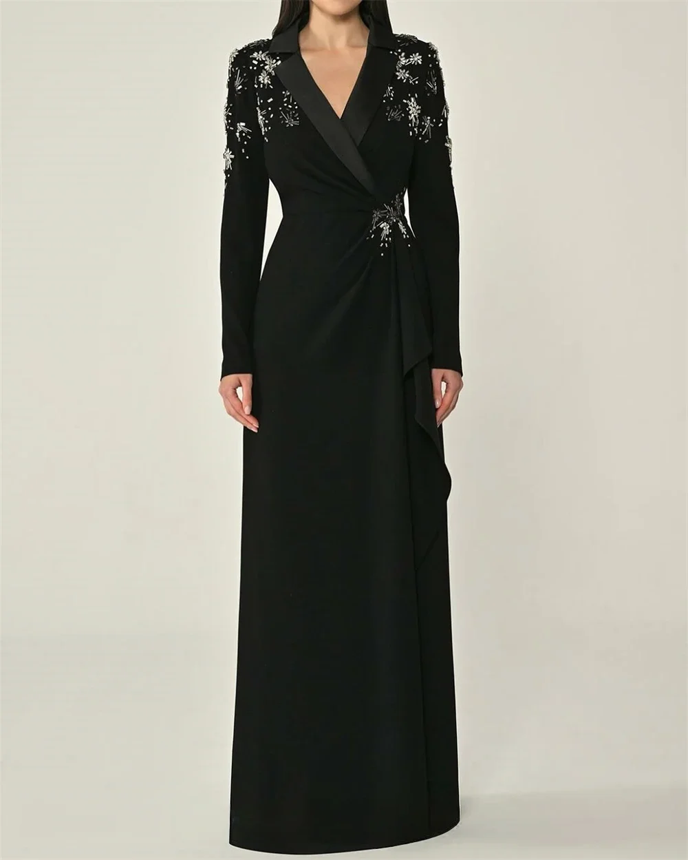 

QR Elegant temperament Customized Simple Black Jersey Evening Dress Classic V-Neck Long Sleeves Dinner Dance Party Dresses