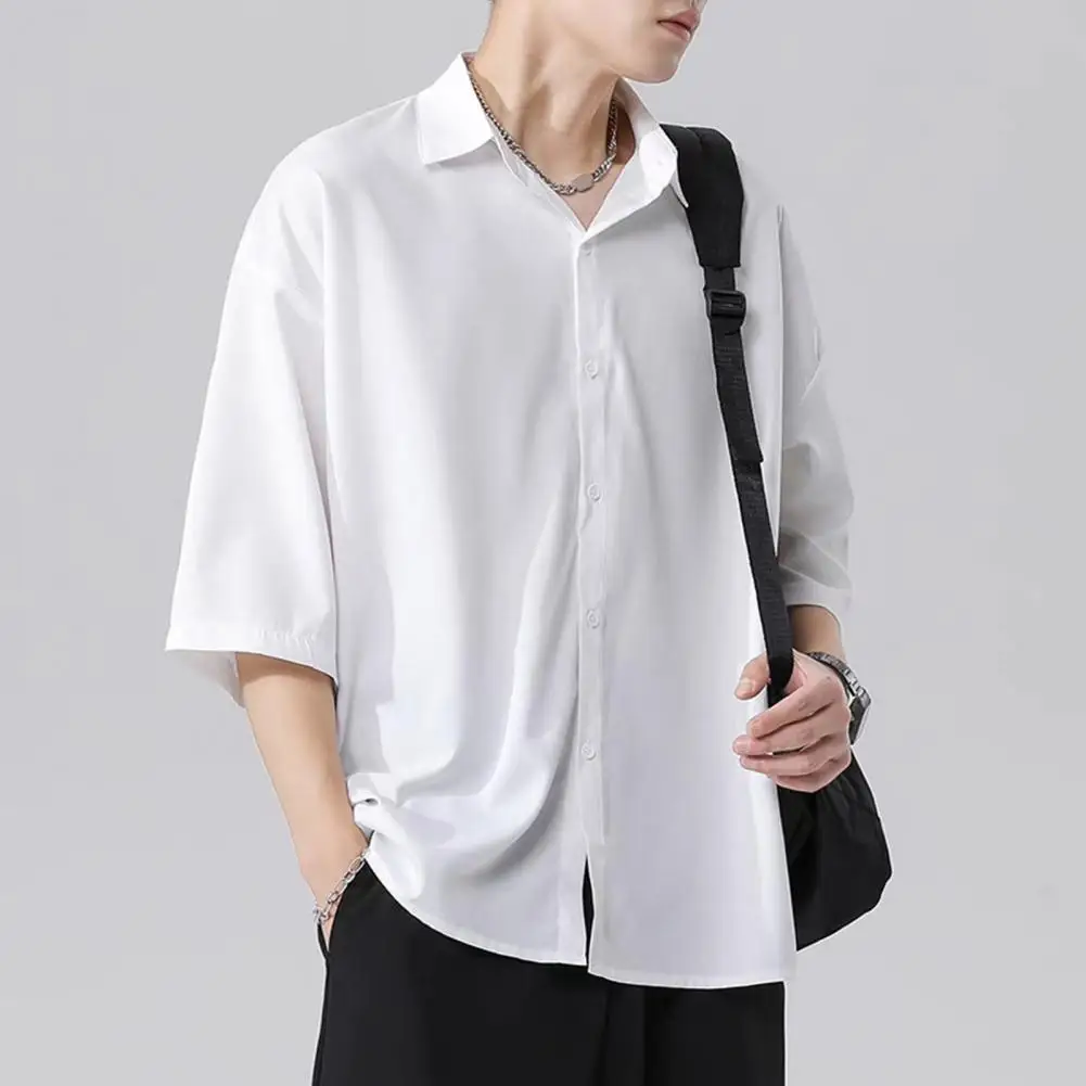 Men Casual Shirt Men's Casual Loose Fit Ice Silk Shirt with Turn-down Collar Half Sleeves Stylish Button-up Top for School