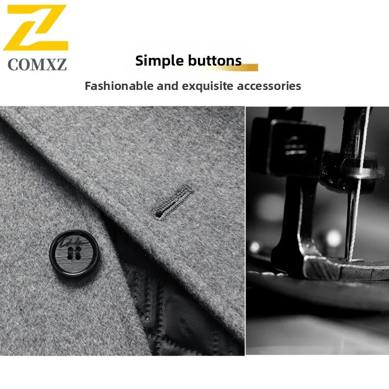 COMXZ Wool Overcoat Men Winter Cotton Padded Thick Woolen Fashion Business Casual Solid Color Trench Coat Waterproof Windproof