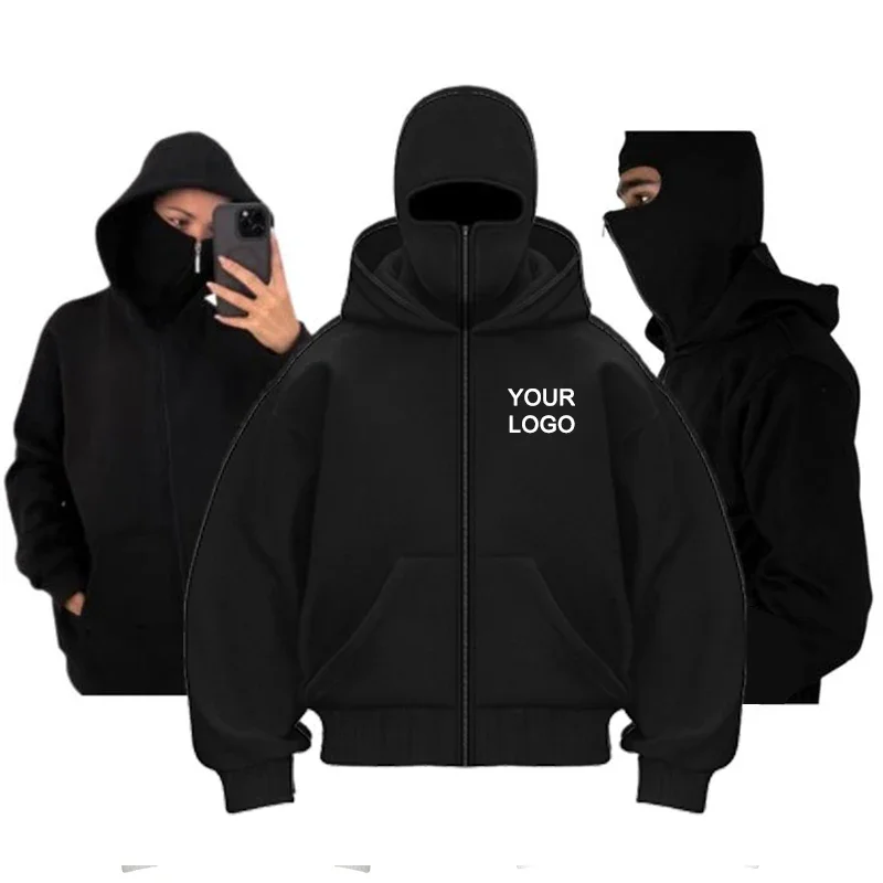 Custom Men's Double Hooded Zipper Hoodie Personality Printed Long Sleeve Sweatshirt Women Ninja Mask Pullover Jacket
