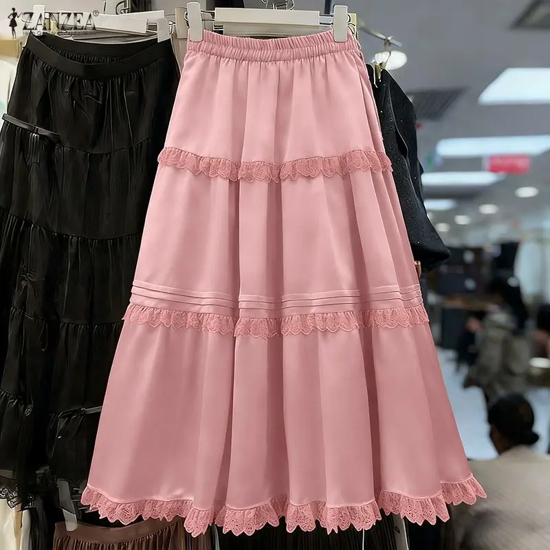 ZANZEA Fashion Long Skirts Women High Waist Ruffled Maxi Bottoms 2026 Summer Casual Loose Solid Elastic Waist Jupes Faldas Saia