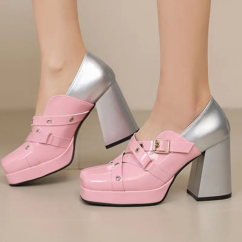 

ORCHA LISA 2025 Новые женские туфли-лодочки в стиле панк с ремешком и квадратным носком на блочном каблуке 9,5 см, платформа 2 см, слипоны, разноцветные туфли большого размера 47 48