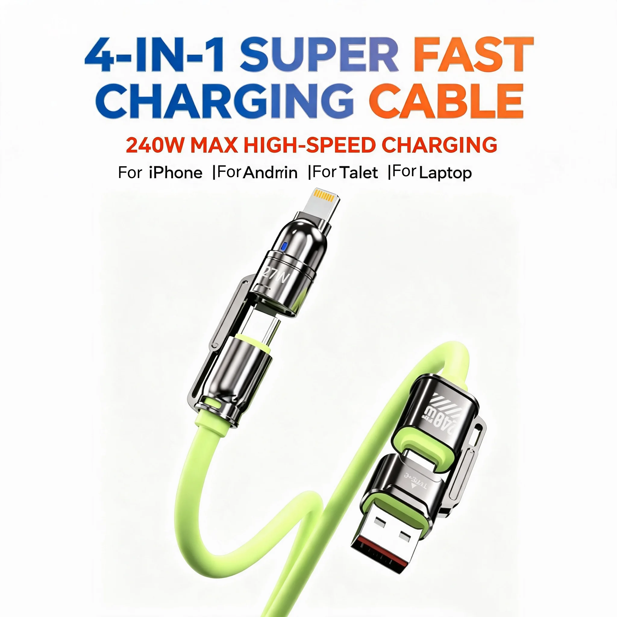 240W Silicone 4-in-1 Fast Charging Cable for iPhone 16 15 14 13 12 11 Pro Max for Samsung S25 S24 S23 for LG for Moto for Oppo
