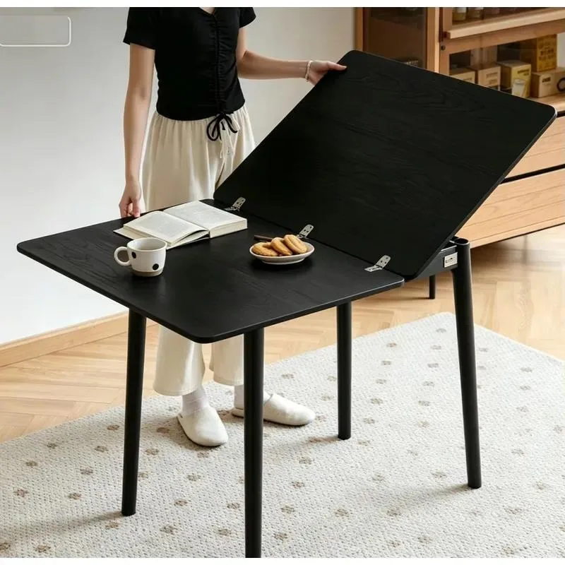 Foldable Solid Wood Dining Table Retractable Flip Over Square Design Space Saving for Small Kitchen Apartment