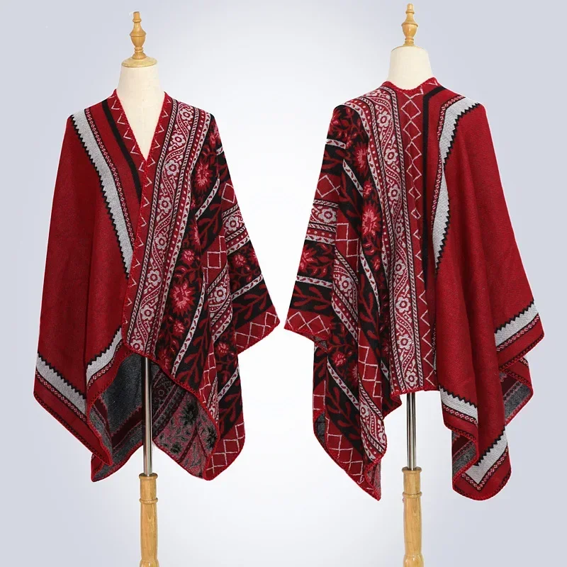 

Poncho Imitation Cashmere Cloak Ethnic Style Tourism Vacation Cape Women's Spring and Autumn Hook Flower Cloak Windproof Khaki