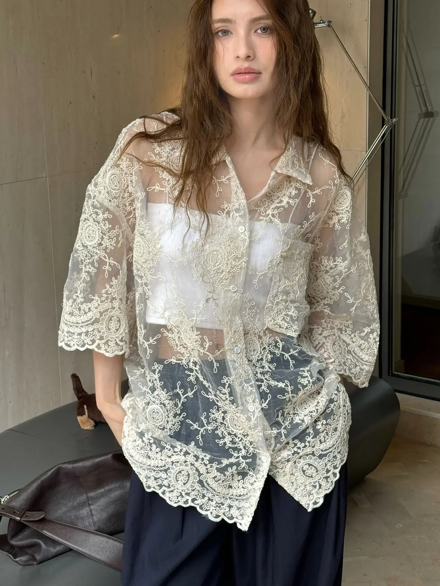 2024 Summer New Women's Blouse and Shirt Korean Fashion Retro Hollow Lace Short Sleeve Lightweight  Loose Semi Transparent Top