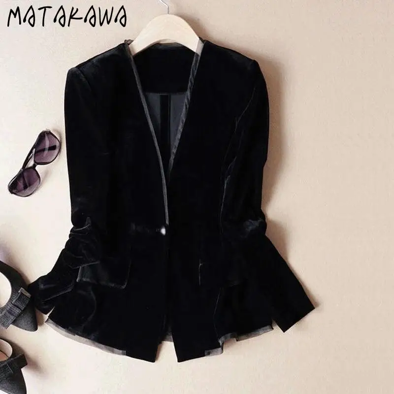 Matakawa Velvet Spring Autumn Blazer for Women Vintage Solid Black V Neck Elegant Chaquetas Office Lady Simple Blazer Mujer