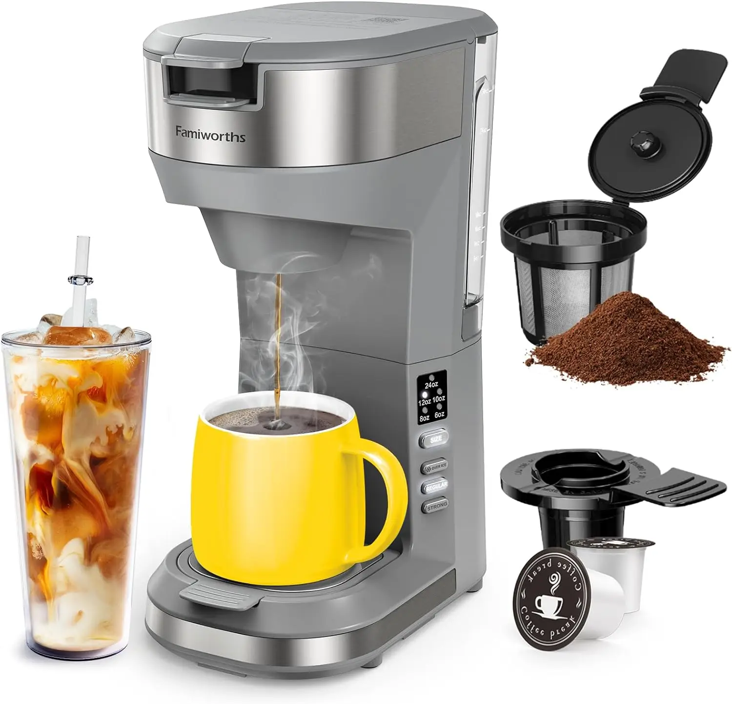 

Hot and Iced Coffee Maker for K Cups and Ground Coffee, 4-5 Cups Coffee Maker and Single-serve Brewers, with 30Oz Rem