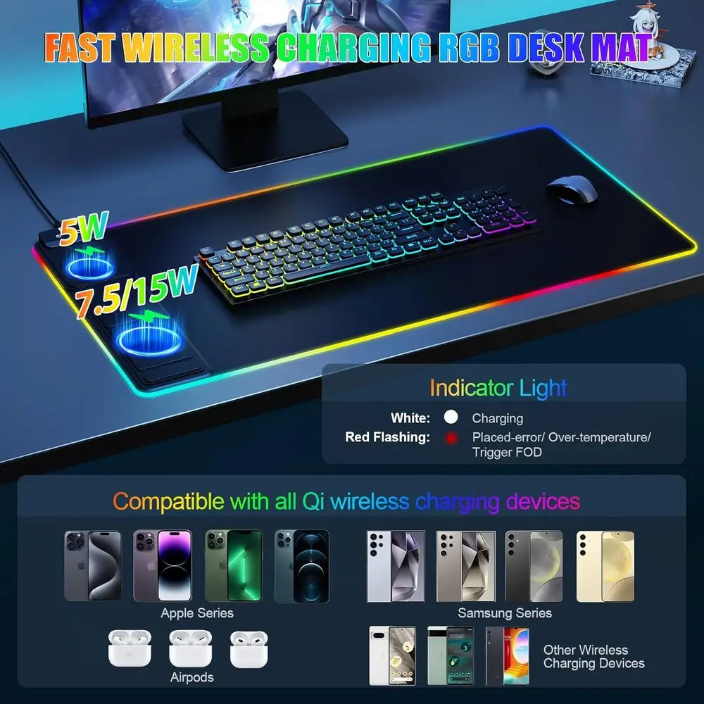 حصيرة مكتب كبيرة مع حامل هاتف، شحن لاسلكي، لوحة ماوس ألعاب RGB، سطح أملس، غير قابلة للانزلاق، مقاومة للماء، مكتب مكتب أسود #2