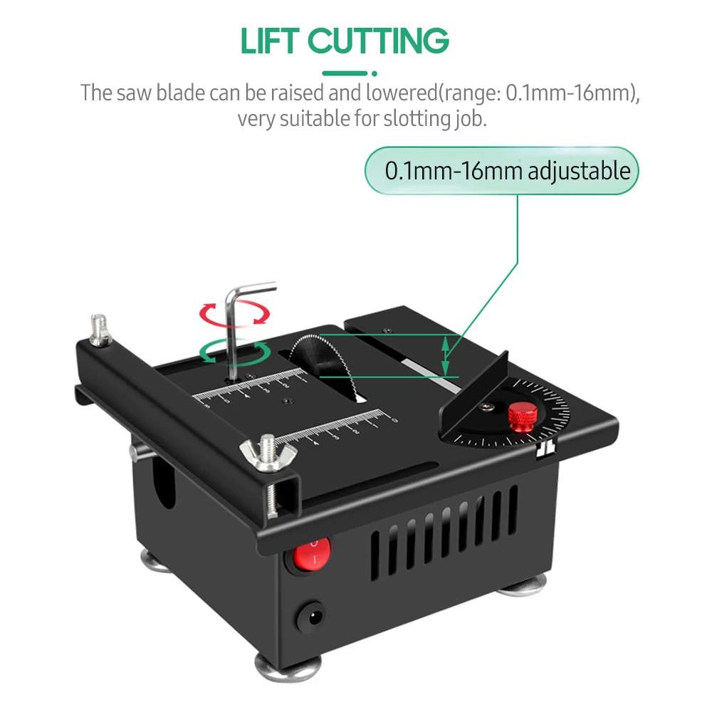 100W Multi Functional Table Saw Mini Desktop Electric Saw Cutter Speed and Angle Adjustable Liftable Blade 16MM Cutting Depth