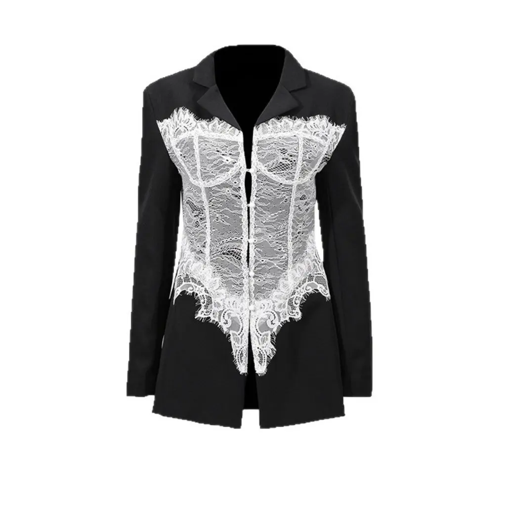 

Women's Tailored Suit Jacket Long Sleeve V-Neck Lace Splicing Button Fashionable Slim Fit Elegant Style New Arrival