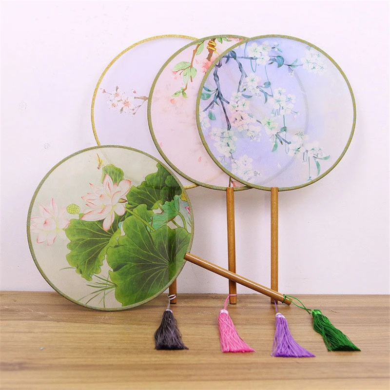 1pc Women Dancing Embroidery Flower Handheld Fan Vintage Translucent Chinese Style Round Silk Fans