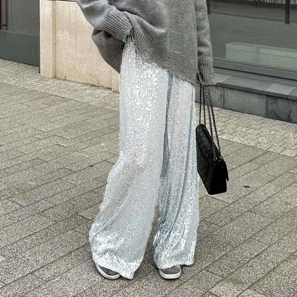 Loose Fit Women Pants Comfortable Work Pants Women’s Mid-rise Wide Leg Pants Sparkling Sequin Trousers Night Club Party Stage