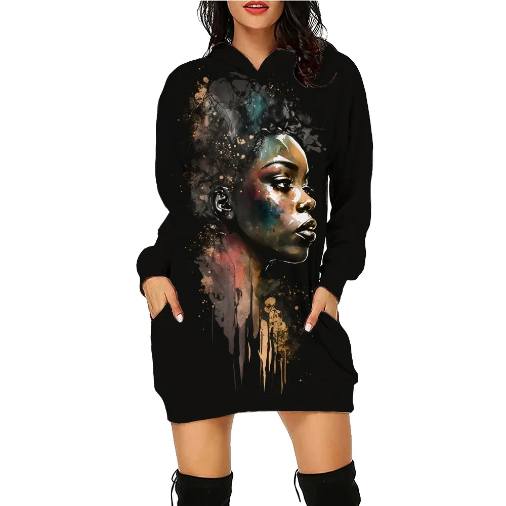 Fashion Printed Hoodie Dress Butterfly Women's Face Daily Workout Hoodies Long Sleeve Pullover Autumn Winter Loose Tee Vestido