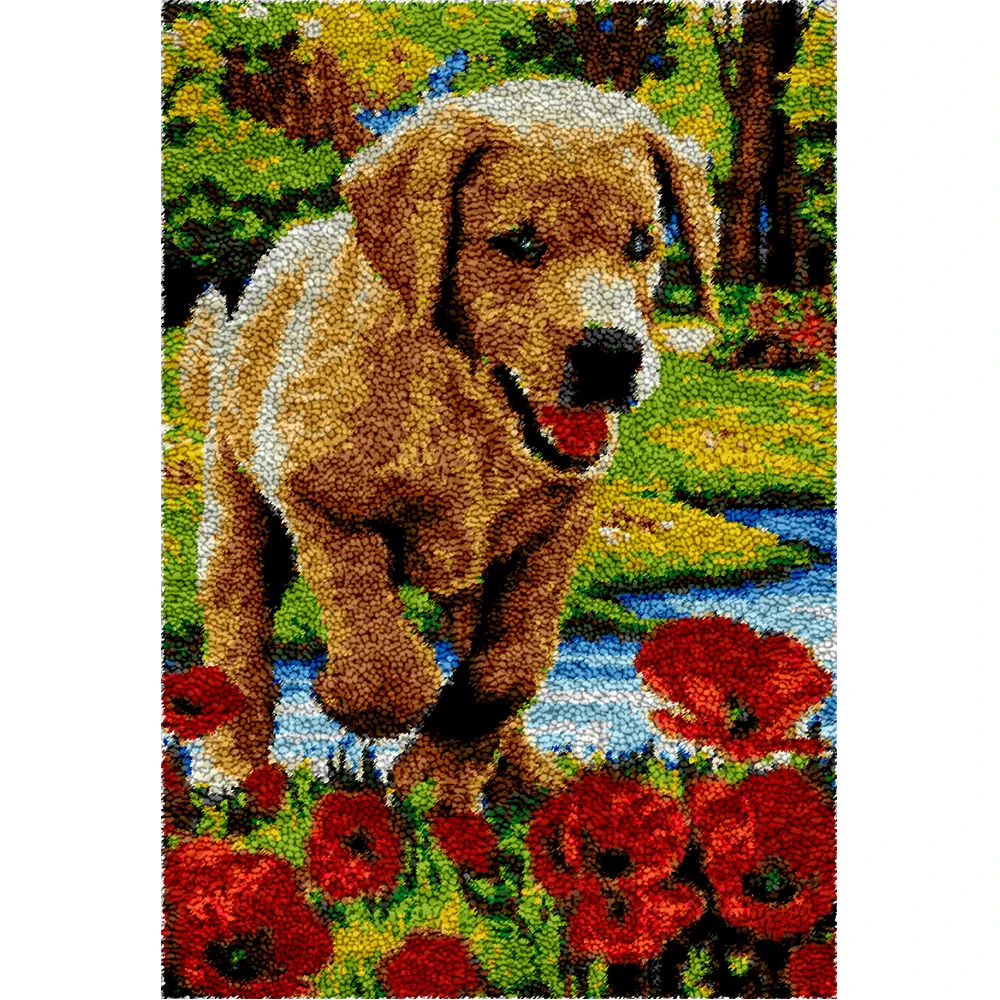 

DIY Dog and Flower Latch hook kit for carpet embroidery Crafts Arts Tapestry with Preprinted Canvas Pattern for Home Decoration