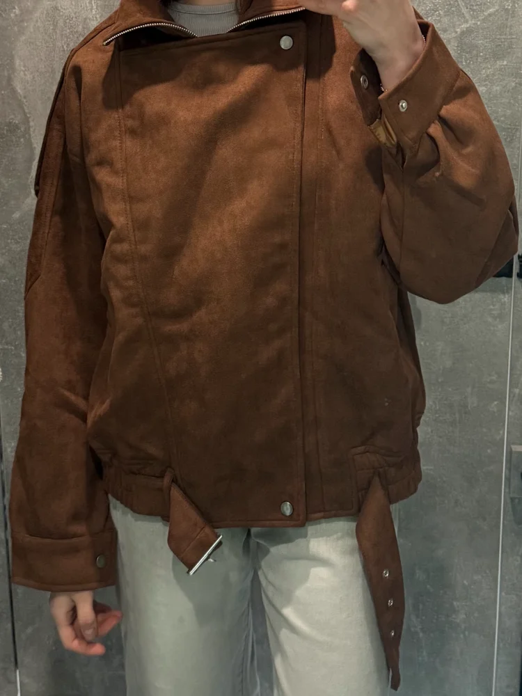 Vintage Lapel Solid Zipper Short Jacket Women Fashion Suede Cropped Casual Long Sleeve Coat  Woman New Commuter Outerwears