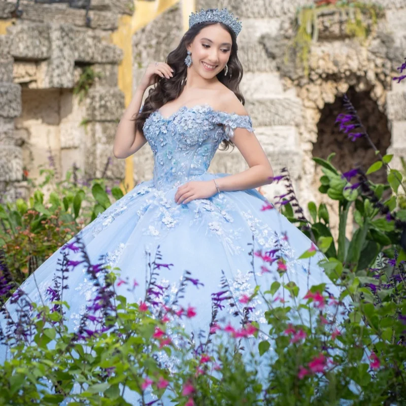 Blue Quinceanera Dress off-shoulder Glitter 3D Flower Crystal Decal Long tail vestidos de 15 Quinceanera ﻿Customize